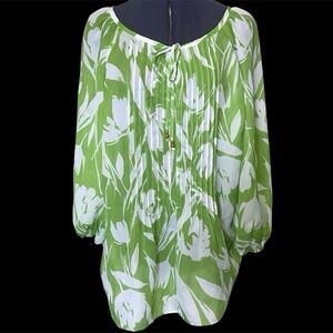 Charter Club Woman Sheer Green & White Floral Top 1X Plus Size Lightweight